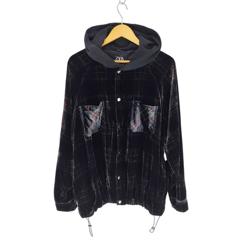 ザラ ZARA マドラスチェック 裾ドローコード フーデッド ベロア ジャケット メンズ import:M
