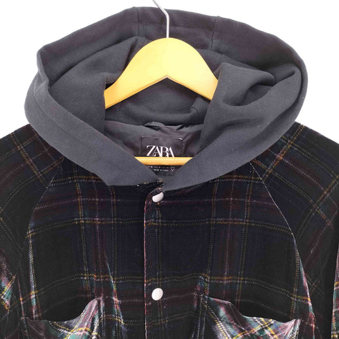 ザラ ZARA マドラスチェック 裾ドローコード フーデッド ベロア ジャケット メンズ import:M