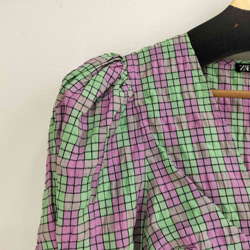ザラ ZARA ZARA CHECK PRINT DRESS パフスリーブ Vネック ロングワンピース ドレス レディース import:M