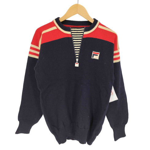 フィラ FILA 80-90S イタリア製 ロゴワッペン ロゴジップ ウール ハーフジップ ニット セーター メンズ