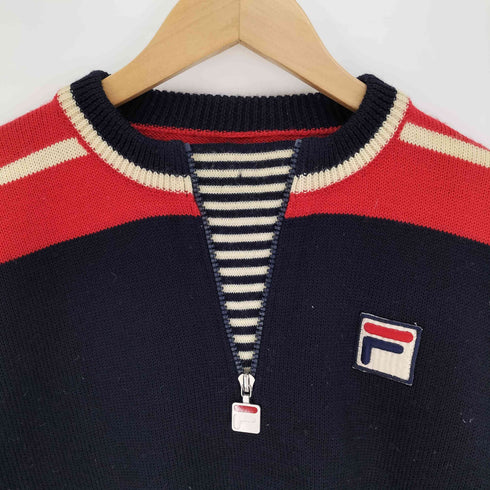 フィラ FILA 80-90S イタリア製 ロゴワッペン ロゴジップ ウール ハーフジップ ニット セーター メンズ