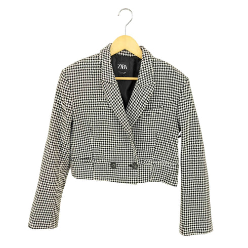 ザラ ZARA ダブルブレストブレザー クロップドハウンドトゥース ボクシーフィット ブロガー フェイブ レディース import:M