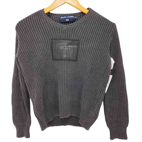 ラルフローレンスポーツ RALPH LAUREN SPORT 90-00S レザー星条旗パッチ装飾 L/S V畦ネック 畦編み プルオーバーニット レディース import:M