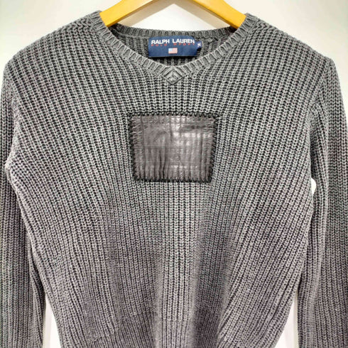ラルフローレンスポーツ RALPH LAUREN SPORT 90-00S レザー星条旗パッチ装飾 L/S V畦ネック 畦編み プルオーバーニット レディース import:M