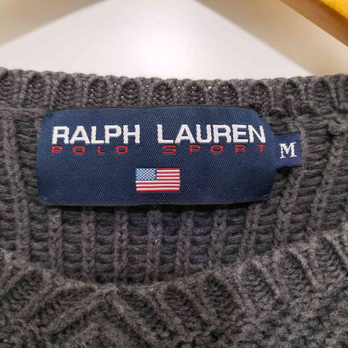 ラルフローレンスポーツ RALPH LAUREN SPORT 90-00S レザー星条旗パッチ装飾 L/S V畦ネック 畦編み プルオーバーニット レディース import:M