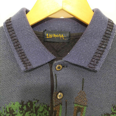 LACAVEPA 総柄 刺繍デザイン プルオーバー ニットポロ メンズ