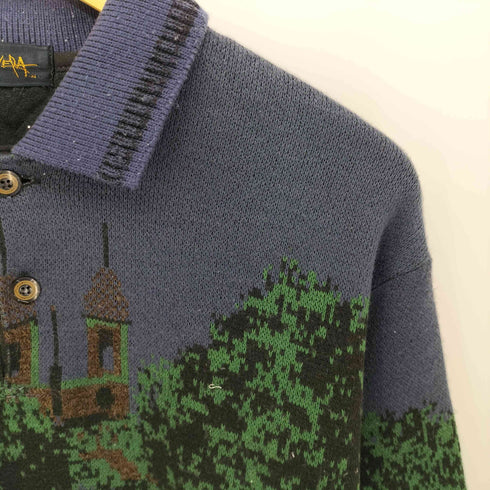 LACAVEPA 総柄 刺繍デザイン プルオーバー ニットポロ メンズ