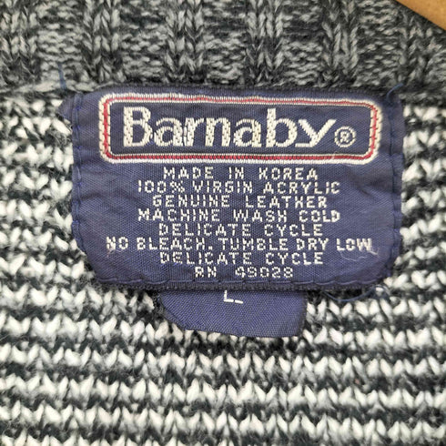 80-90S BARNABY 韓国製 総柄 レザー アクリル ニット セーター メンズ import:L