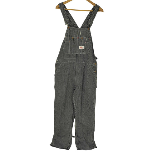 ラウンドハウス ROUND HOUSE USA製 ロゴ刻印 金ボタン ヒッコリー ストライプ デニム オーバーオール メンズ