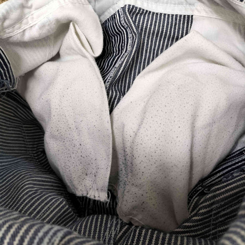 ラウンドハウス ROUND HOUSE USA製 ロゴ刻印 金ボタン ヒッコリー ストライプ デニム オーバーオール メンズ