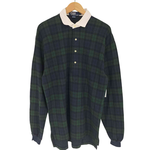 ポロバイラルフローレン Polo by RALPH LAUREN USA製 ポニー 刺繍 ブラックウォッチ ハーフ ボタン コットン プルオーバー シャツ メンズ import:L