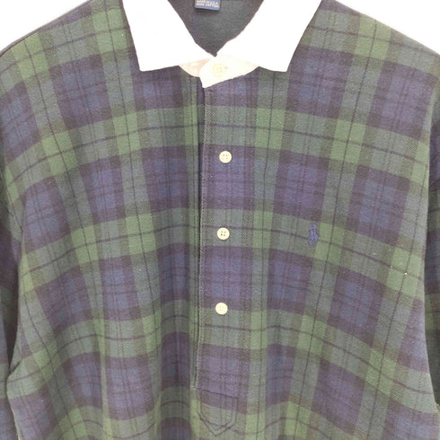 ポロバイラルフローレン Polo by RALPH LAUREN USA製 ポニー 刺繍 ブラックウォッチ ハーフ ボタン コットン プルオーバー シャツ メンズ import:L