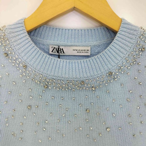 ザラ ZARA ビーズラインストーンニット コットン100 レディース import:M