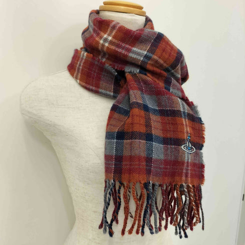 ヴィヴィアンウエストウッド Vivienne Westwood オーブ刺繍 タータンチェック ウールフリンジマフラー レディース FREE