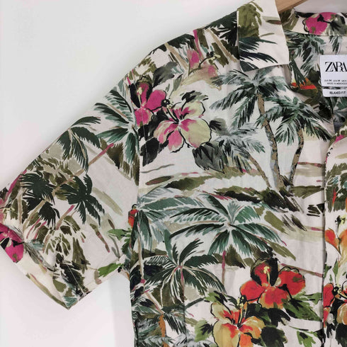 ザラ ZARA 総柄 ハイビスカス ヤシの木 開襟 オープンカラー レーヨン S/S アロハシャツ メンズ import:M