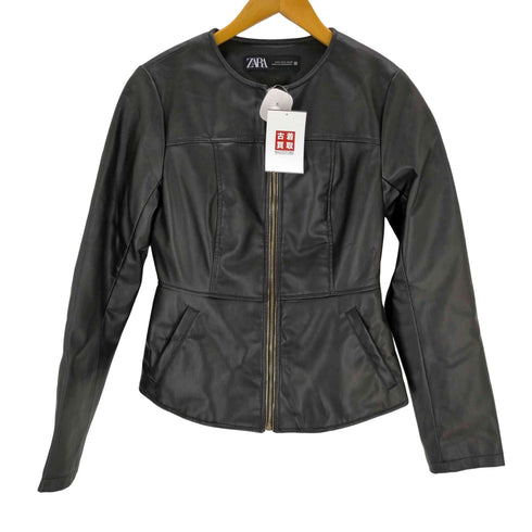 ザラ ZARA エコレザーノーカラーシングルライダースジャケット レディース import:M