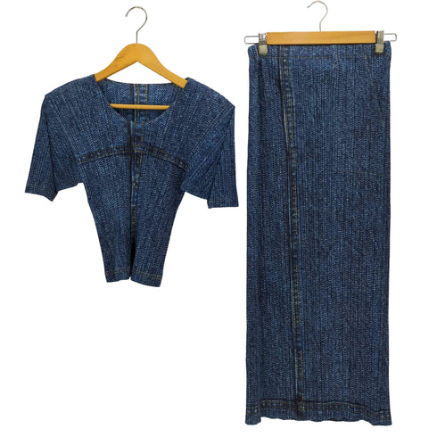 プリーツプリーズイッセイミヤケ PLEATS PLEASE ISSEY MIYAKE 99SS デニム転写プリント プリーツ S/S カットソー / スカート セットアップ レディース トップス3/スカート2