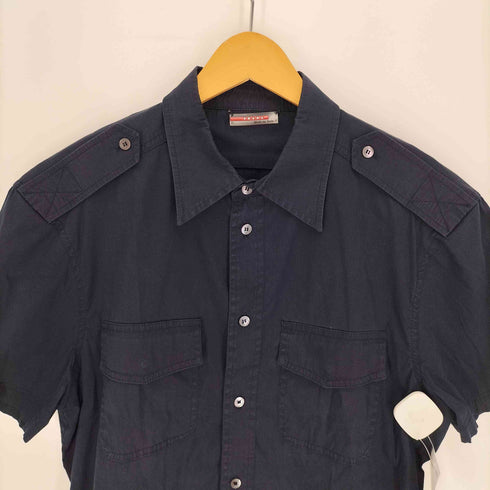 プラダ PRADA PRADA SPORT イタリア製 ラウンドカット エポレット ストレッチ S/S シャツ メンズ import:M