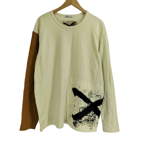 ザラ ZARA クルーネック バイカラー アートプリント 長袖 Tシャツ メンズ L