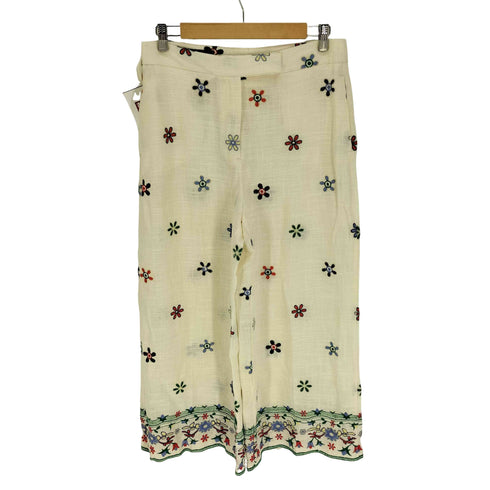 ザラ ZARA Floral Ecru Linen Blend Culottes Trousers フラワー エクリュ リネン ブレンド キュロット トラウザーズ レディース L