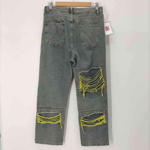 ダメージ加工 ワイドストレートデニムパンツ レディース