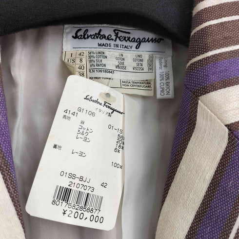 サルヴァトーレフェラガモ Salvatore Ferragamo イタリア製 リネン&コットン&シルク ダブルブレスト ストライプ テーラードジャケット レディース EUR:42