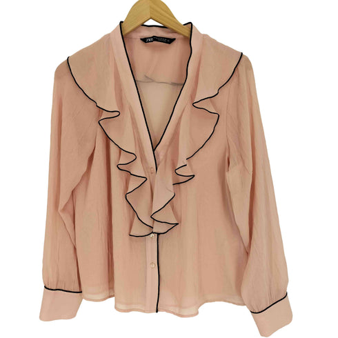 ザラ ZARA CONTRAST PIPING RUFFLED BLOUSE コントラクト パイピング フリル ブラウス レディース import:XS