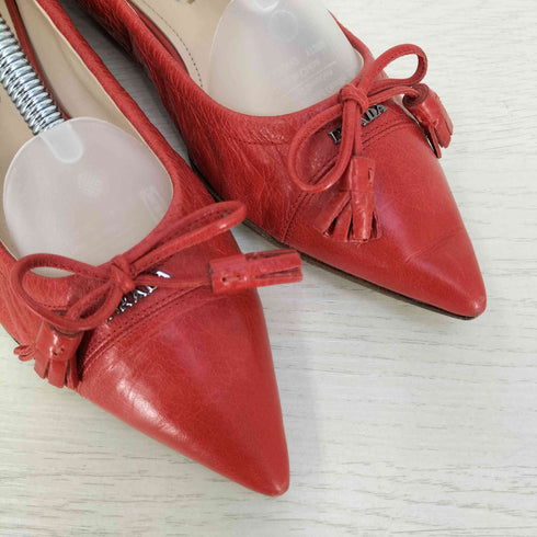 プラダ PRADA イタリア製 メタルロゴ タッセルリボン ポインテッドトゥ バレエシューズ レディース 38
