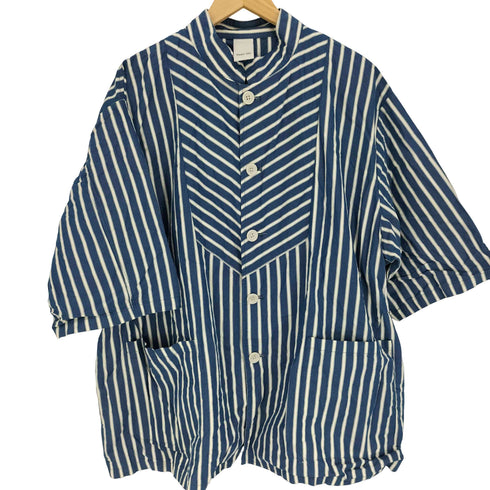 キャスパージョン CASPER JOHN ストライプ柄 襟フック 切替 ビックポケット スタンドネック S/S シャツ メンズ import:L