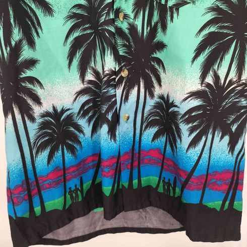 HIGH SEAS ヤシの木 人 サーフィン 総柄 開襟 オープンカラー S/S アロハシャツ メンズ import:M