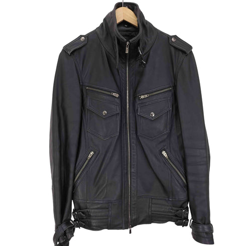 ジャックローズ JACKROSE ラムレザー ウエストベルト X クロス ジップ シングル ライダース ジャケット メンズ JPN:3