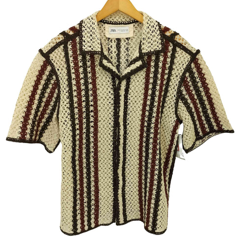ザラ ZARA クロシェ編み オープンカラー S/S ニット シャツ メンズ import:M