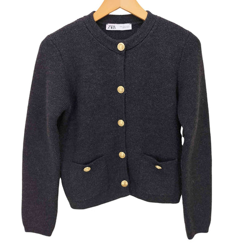 ザラ ZARA 金ボタン ウール混 ミックスファブリック カーディガン レディース import:M