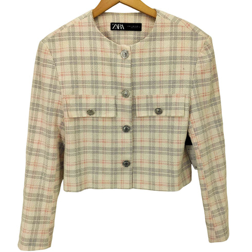 ザラ ZARA チェック フェイクフラップ クロップド ジャケット レディース import:XS