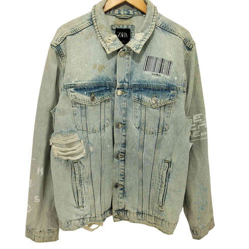 ザラ ZARA PAINTED CRUSHED DENIM JACKET ペイント クラッシュ デニム ジャケット メンズ import:L