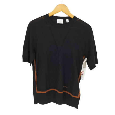 バーバリー BURBERRY Ladies Black Short Sleeve Logo Intarsia Wool Silk Cashmere Top レディース S