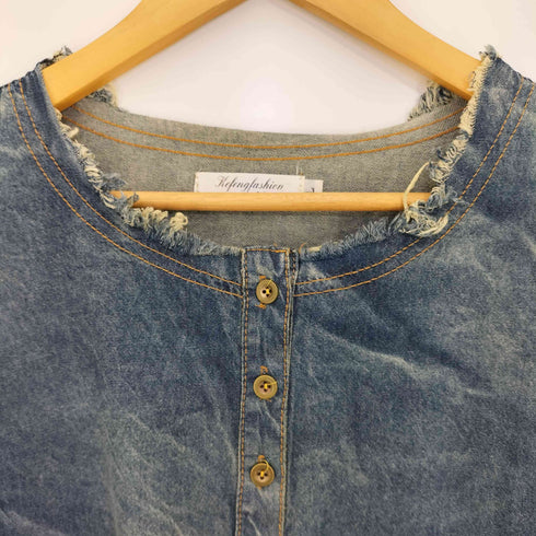 Refengfashion ダメージ加工 裾スリット デニムワンピース レディース JPN:L