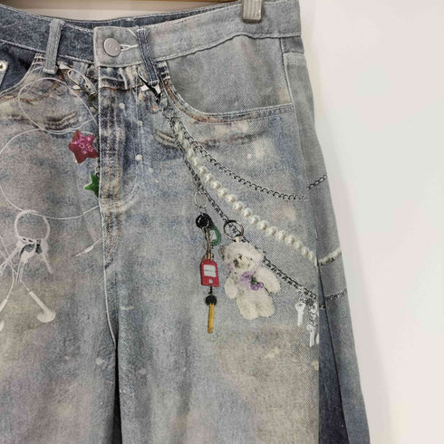 tgnsbrand アクセサリー プリント ワイド バギー デニム パンツ レディース S