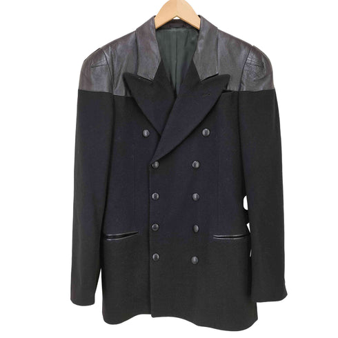 ジャンポールゴルチエオム Jean Paul GAULTIER HOMME イタリア製 レザー 切替 ウール ピークドラペル スナップ ダブルブレスト テーラードジャケット メンズ I:48