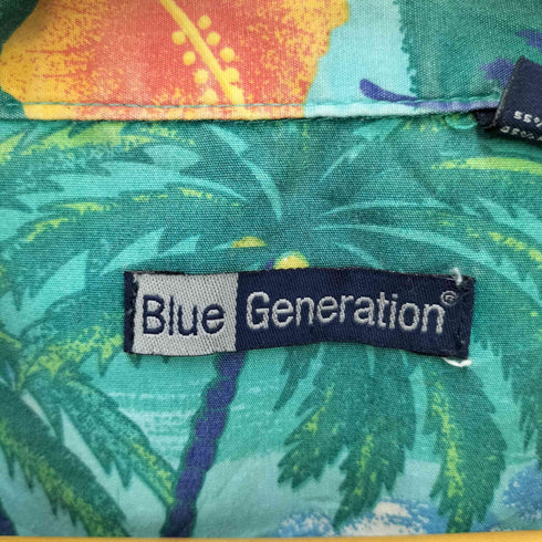Blue Generation 企業ロゴ 刺繍 ハイビスカス ビーチ プリント 開襟 アロハシャツ メンズ import:S