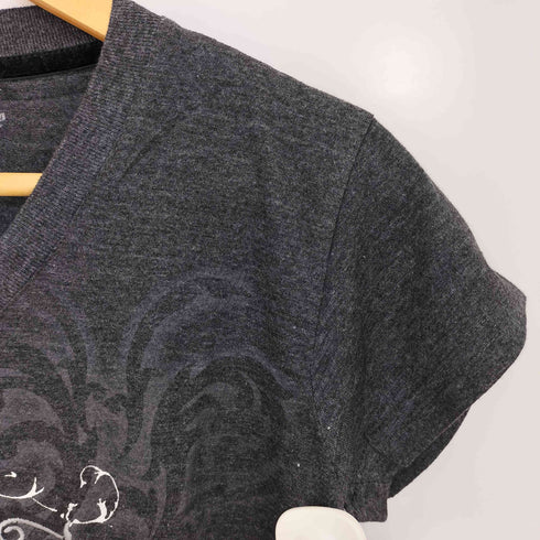 ハードロックカフェ Hard Rock Cafe Y2K ラインストーン メタリックデザイン Vネック Tシャツ レディース import:S