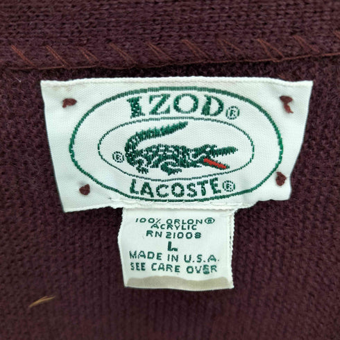 アイゾッドラコステ IZOD LACOSTE 80-90S USA製 最終タグ ロゴ ワッペン アクリル ニット カーディガン ロングリブ メンズ import:L