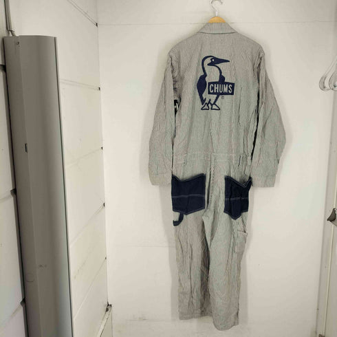 チャムス CHUMS HURRICANE COVERALL Booby ストライプ ヒッコリー デニムオーバーオール メンズ JPN:XL
