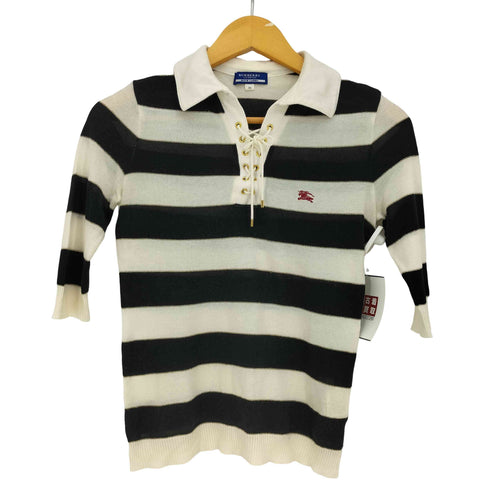 バーバリーブルーレーベル BURBERRY BLUE LABEL ワンポイント ボーダー レースアップ ニットポロ レディース JPN:38