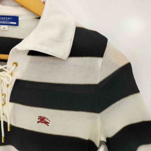 バーバリーブルーレーベル BURBERRY BLUE LABEL ワンポイント ボーダー レースアップ ニットポロ レディース JPN:38