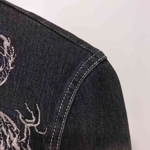Ozzon Y2K ドラゴン刺繍 ダブルジップ ウォッシュドデニムジャケット レディース