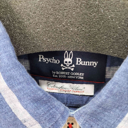 サイコバニー Psycho Bunny ワンポイント刺繍 ボーダー リネン S/S シャツ メンズ JPN:XL