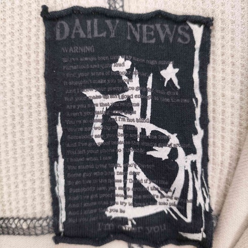 DAILY NEWS スカルプリント クロス刺繍 サーマル 切替 プルオーバー パーカー Y2K レディース