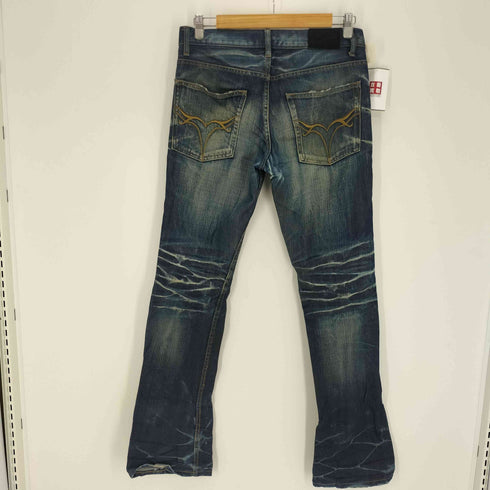 ジャックローズ JACKROSE 起毛レザーパッチ ロゴボタン スターフック 5ポケット ジップフライ ダメージ ブーツカット デニム パンツ Y2K メンズ 29