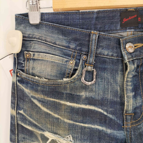 ジャックローズ JACKROSE 起毛レザーパッチ ロゴボタン スターフック 5ポケット ジップフライ ダメージ ブーツカット デニム パンツ Y2K メンズ 29